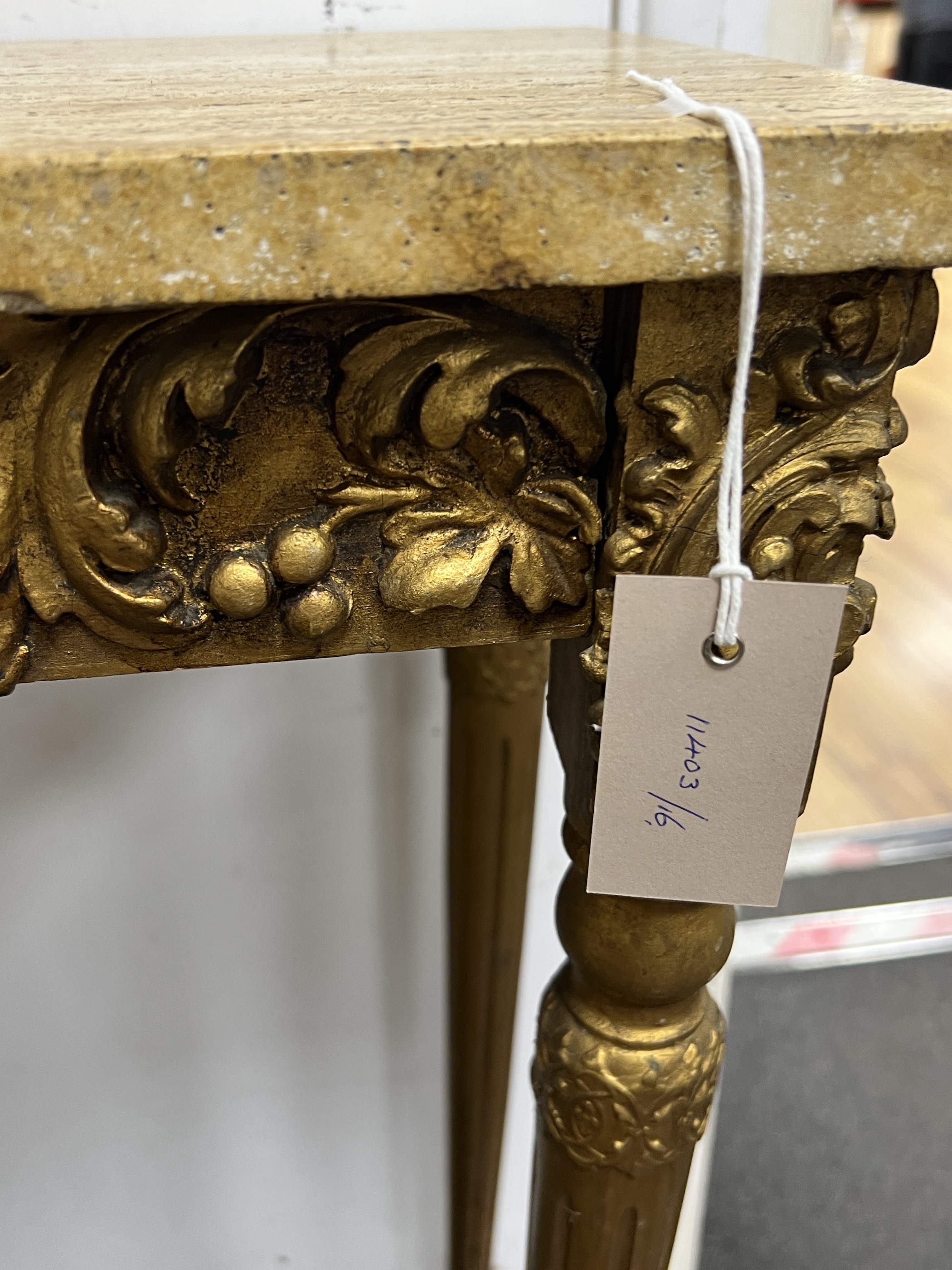 A Louis XVI style giltwood and composition marble topped side table, width 61cm, depth 30cm, height 76cm